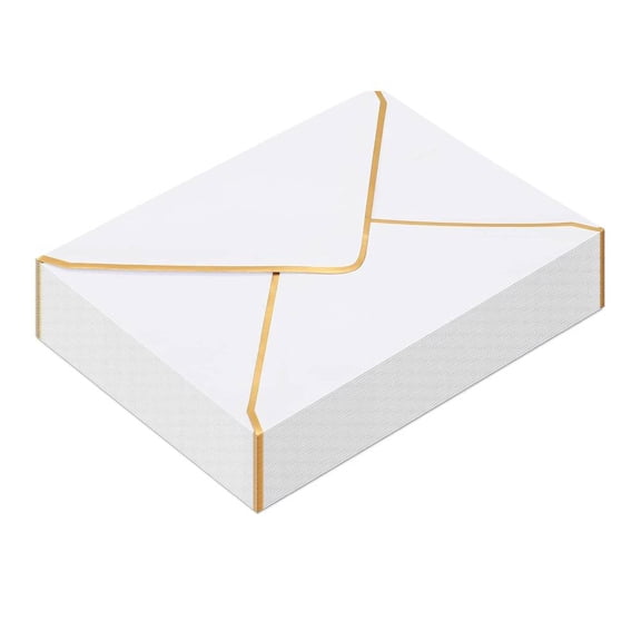 White A7 Envelopes (50 Pack), 5x7 Self-Seal Peel & Seal V-Flap Envelopes with Gold Border Design, for Office, Cards, Wedding, Graduation, Party, and Invitations (Includes 50 Gold Foil Seal Stickers)