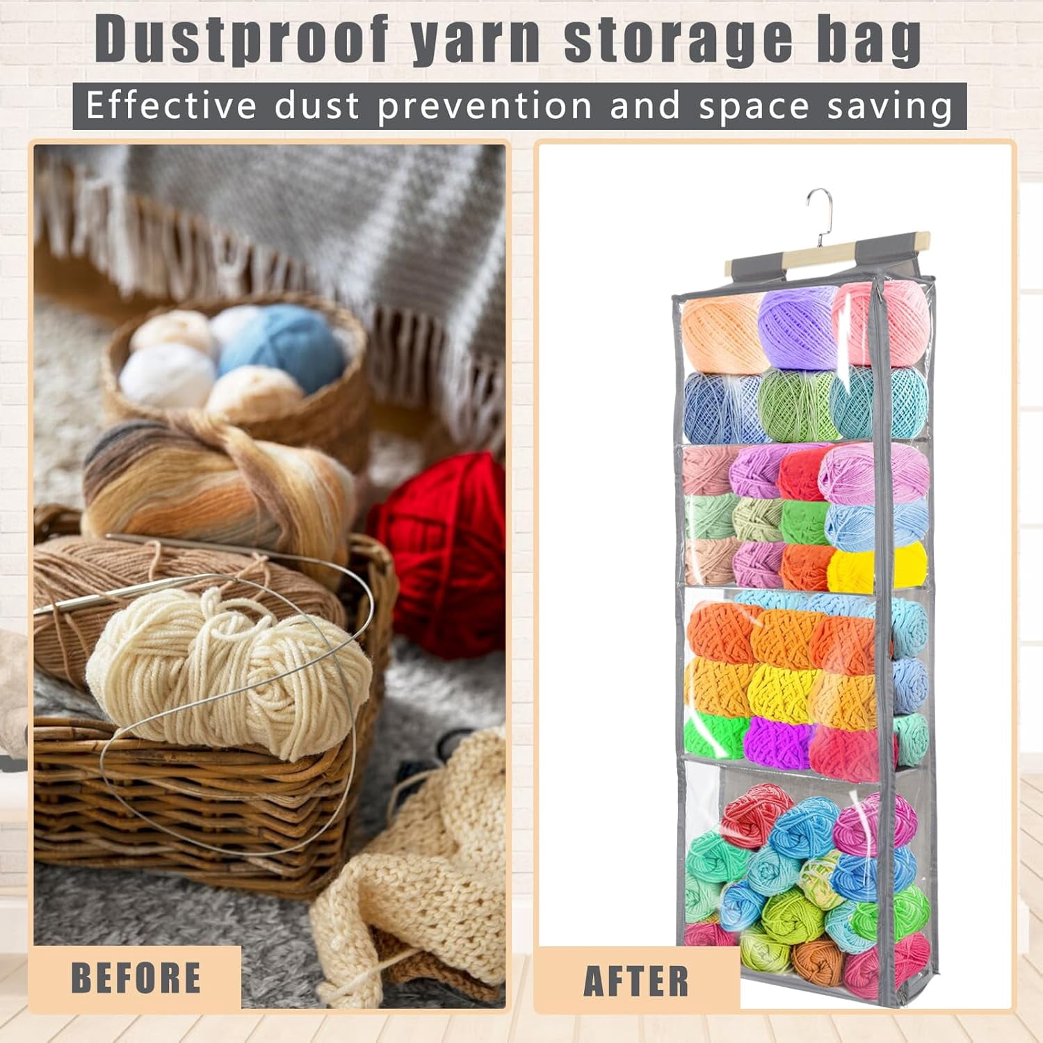 ABPETE Hanging Yarn Storage with 4 Large Pockets - Clear Knitting Organizer with Zippers for Crochet Lovers, Hanging Yarn Holder with Over-Door Hooks for Knitting Needles & Crochet Hooks (Gray)