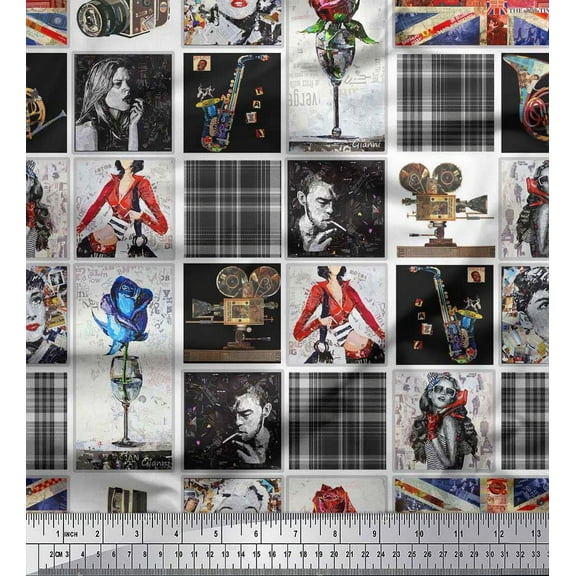 Soimoi Cotton Duck Fabric Check,Women & Camera Patchwork Print Sewing Fabric Yard 42 Inch Wide