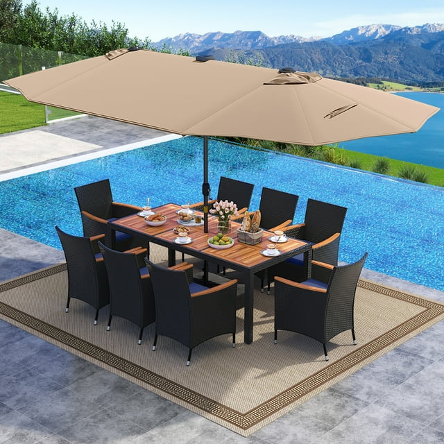 Gymax Ensemble de Salle à Manger de Patio 11 Pcs avec Parasol de Patio Double Face de 15 Pi (Base Incluse) Café