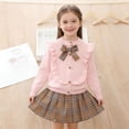 thumbnail image 1 of Conjuntos de blusas y camisas de cuello redondo y manga larga Conjunto de niña Primavera y otoño Cárdigan de punto de manga larga con lazo elegante y minifalda acampanada Conjunto de dos piezas Blusa, 1 of 8
