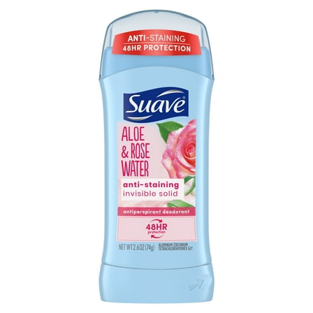 Suave Invisible Solid Antiperspirant Deodorant Aloe & Rose Water, Unisex, 2.6 oz