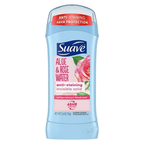 Suave Invisible Solid Antiperspirant Deodorant Aloe & Rose Water, Unisex, 2.6 oz
