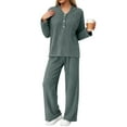 thumbnail image 4 of felwors Women 2 Piece Pajamas Sets Long Sleeve Casual Ribbed Lounge Set Fall Pj V Neck Loungewear Outfit Green, XXL, 4 of 8