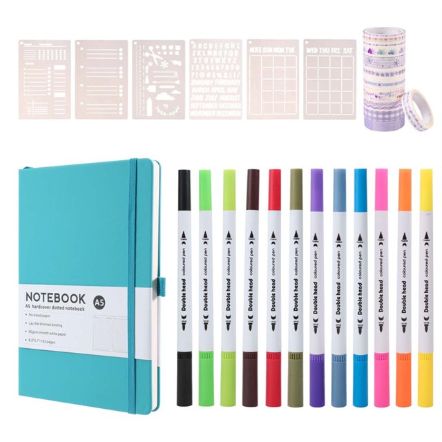 Kit de Diario Punteado, Cuaderno de Tapa A5 con Páginas Numeradas, Kit de Diario Punteado para Principiantes, Color Azul