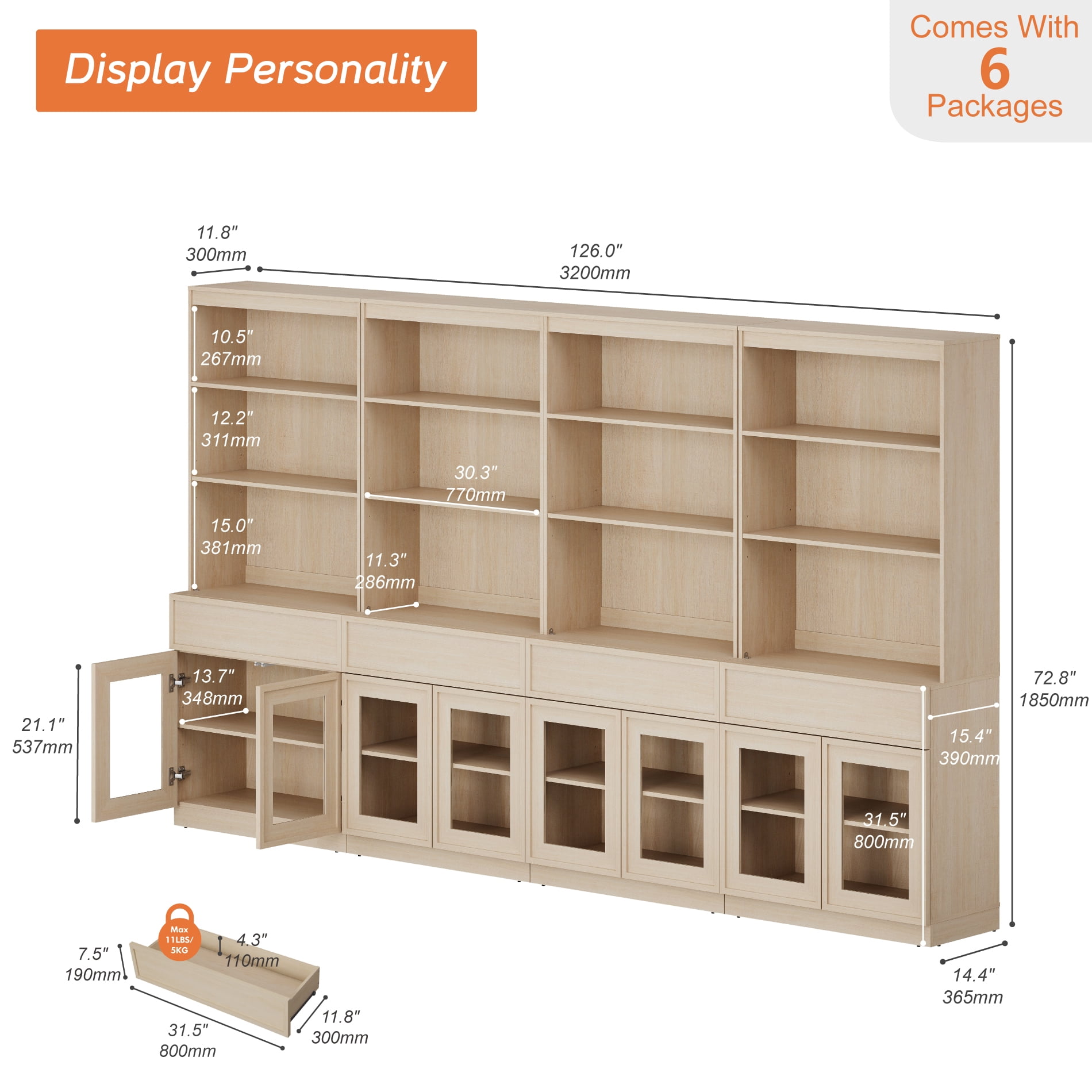 Modern 72" Tall Sideboard Buffet Cabinet, Glass Door Storage Cabinet with Drawers & Adjustable Shelves, Wood Console Cabinet for Dining Room,Entryway,Living Room,Beige