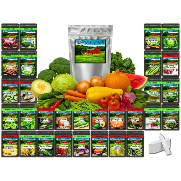 B&KM Farms 20,000 Survival Seed Kit 30 Fruit & Vegetable Non-GMO Heirloom Seeds.