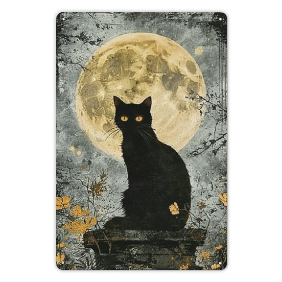 Vintage Black Cat Under Full Moon Metal Tin Sign, Engraved Iron Art for Bar, Coffee House, Study, Home Decor, Mystical Theme, Magic Store Wall Decoration, 8x12 Inches 8x12in