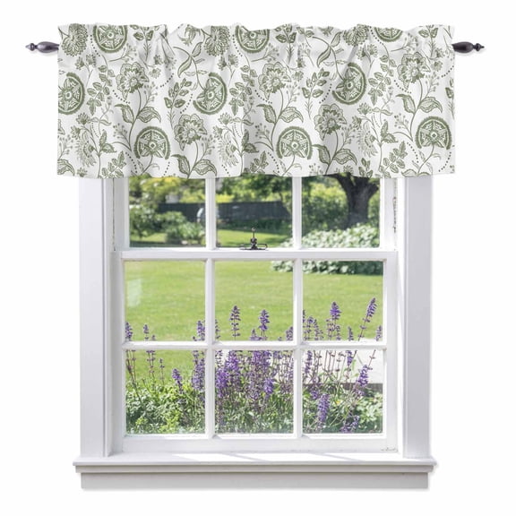 Boho Sage Green Floral Kitchen Curtain Valances for Windows Farmhouse Short Curtains, Vintage Farmhouse Paisley Plant Rod Pocket Valance Curtain for Bedroom Cafe Living Room