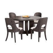 Benjara Zoko 5pc Round Dining Table Set- White Polyester Chairs- Ash Gray Wood