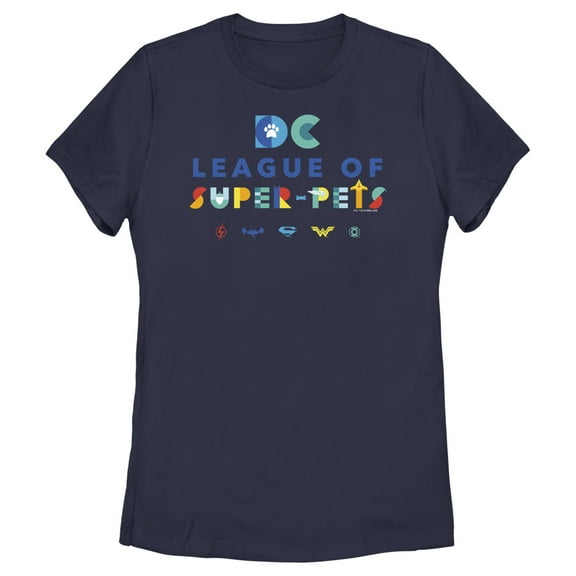 Women's DC League of Super-Pets Colorful Hero Logos  Graphic Tee Navy Blue Small