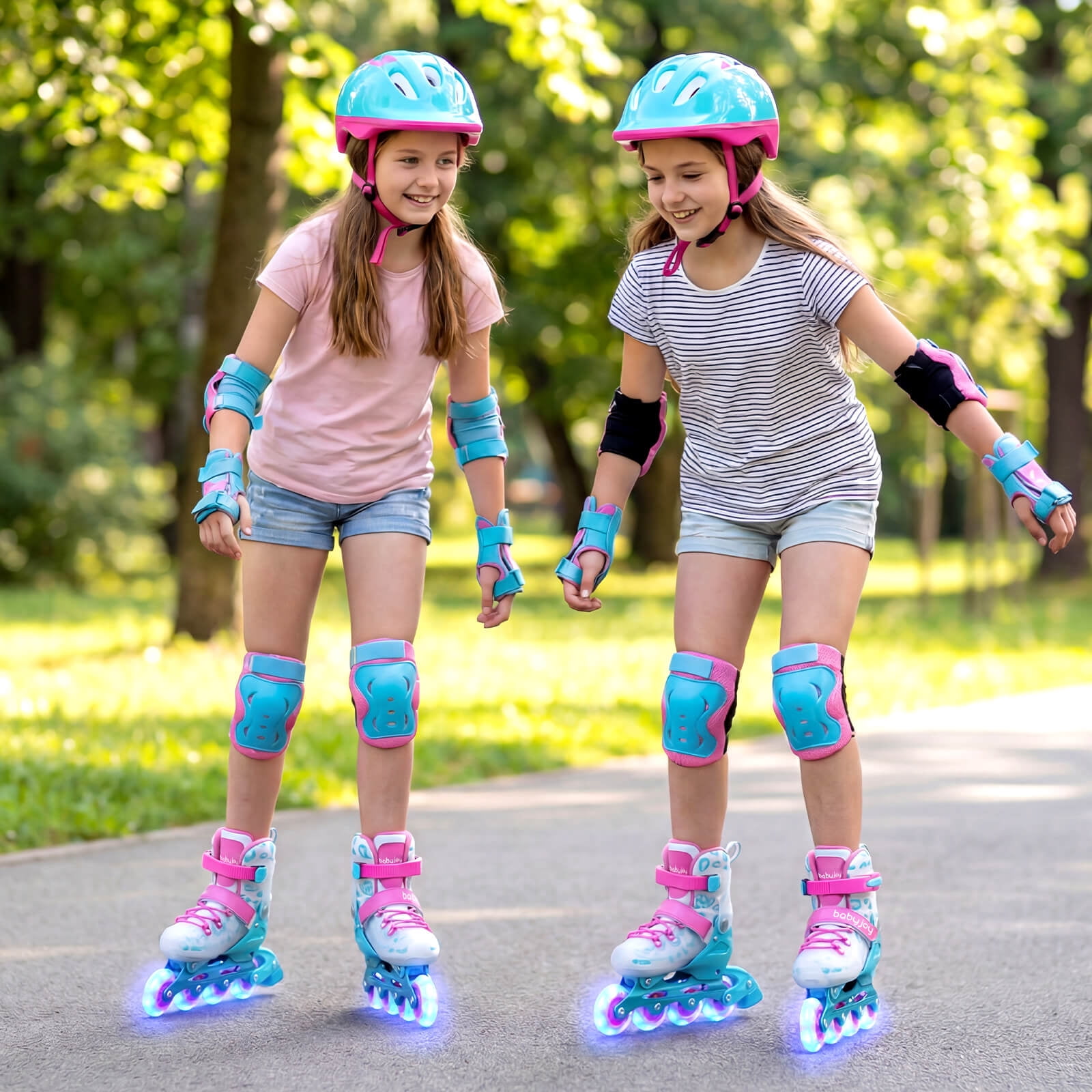 Babyjoy Kids Inline Skates for Boys Girls, 4-Size Adjustable Illuminating Roller Skates Pink & Blue