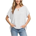 thumbnail image 4 of CYMMPU Women's Summer Solid Color Crew Neck Faux Linen Batwing Top, Loose Short Sleeve Casual Lightweight Blouse White S, 4 of 6