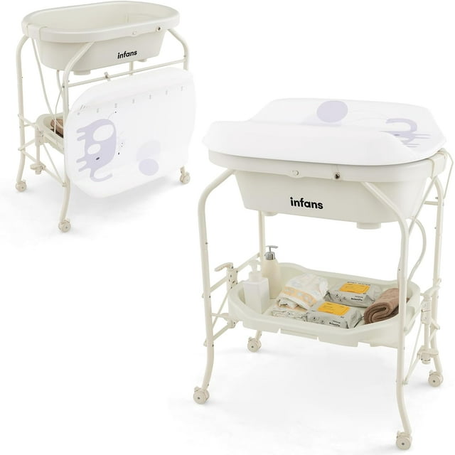 INFANS Baby Changing Table with Bathtub, Foldable Diaper Dresser Station with Removable Bath Support Wheels Waterproof Pad Storage Rack, Portable Nursery Organizer Stand for Newborn Infant