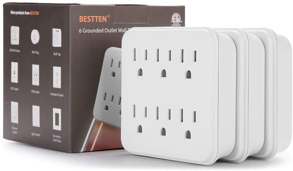 [3 Pack] BESTTEN Multiple Wall Outlet, 6 Outlet Extender, Wall Tap