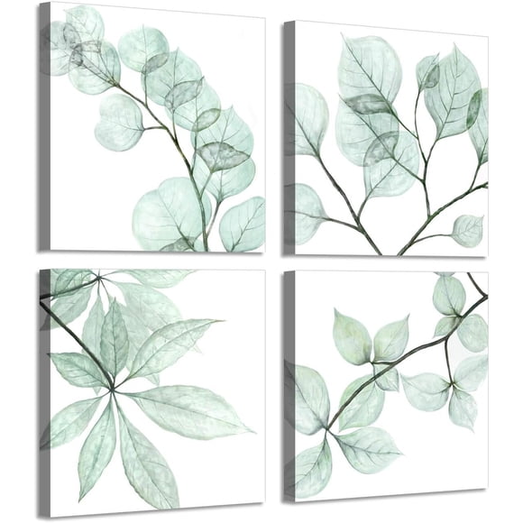 Leaf Botanical Prints Wall Art: Summer Floral Twig in olivedrab color Pictures Art Print on Canvas for Bathroom (16" W x 16" H x 4 PCS,Multi-Sized)