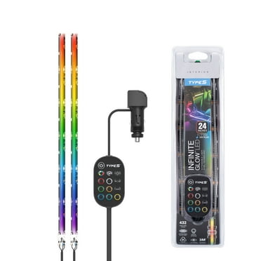 TYPE S - Infinite Glow Multicolor LED Ambient Lighting - Car LED Strip Lights, Light Sync Technology, Scan/Chase, 3M Adhesive, Trimmable, 12V, 2 x 12" RGB Strips, 24 inches