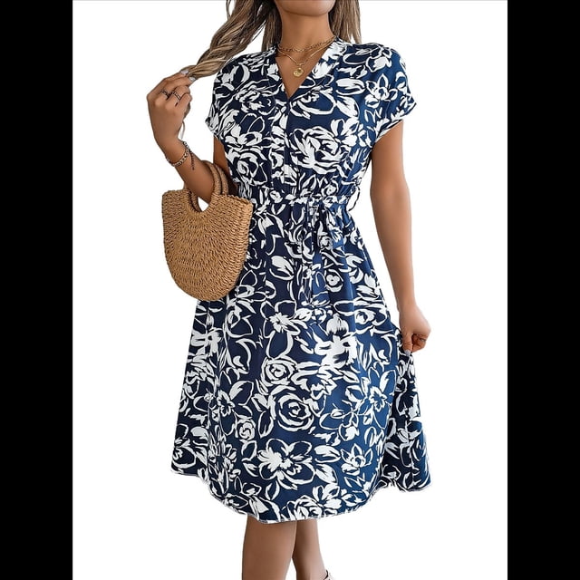 Vestidos de Verano Fluidos con Cuello en V y Mangas Florales para Mujer 2025 Azul Oscuro XL