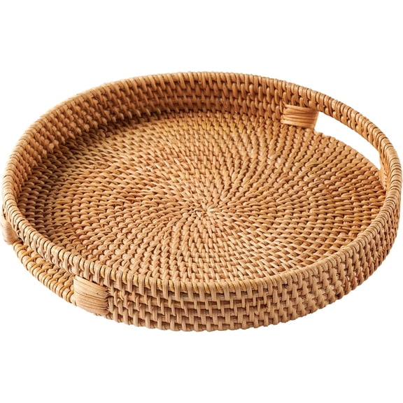 Handcrafted Round Wicker Tray • Large Decorative Rattan Serving Basket for Coffee Table, Ottoman, Kitchen Counter • Boho Woven Home Decor Centerpiece • Natural Circle Trays