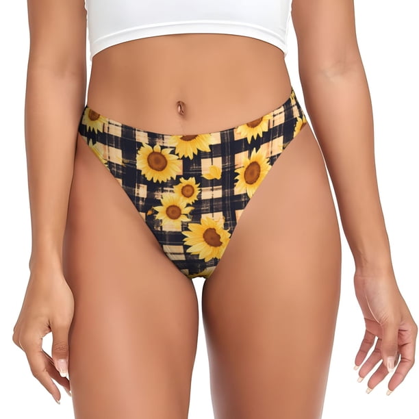 Fotbe Vintage Black White Plaid Sunflowe Tanga Sin Costuras para Mujer con Estampado – Panties Invisibles, Transpirables y Cómodos para Uso Diario-3X-Large