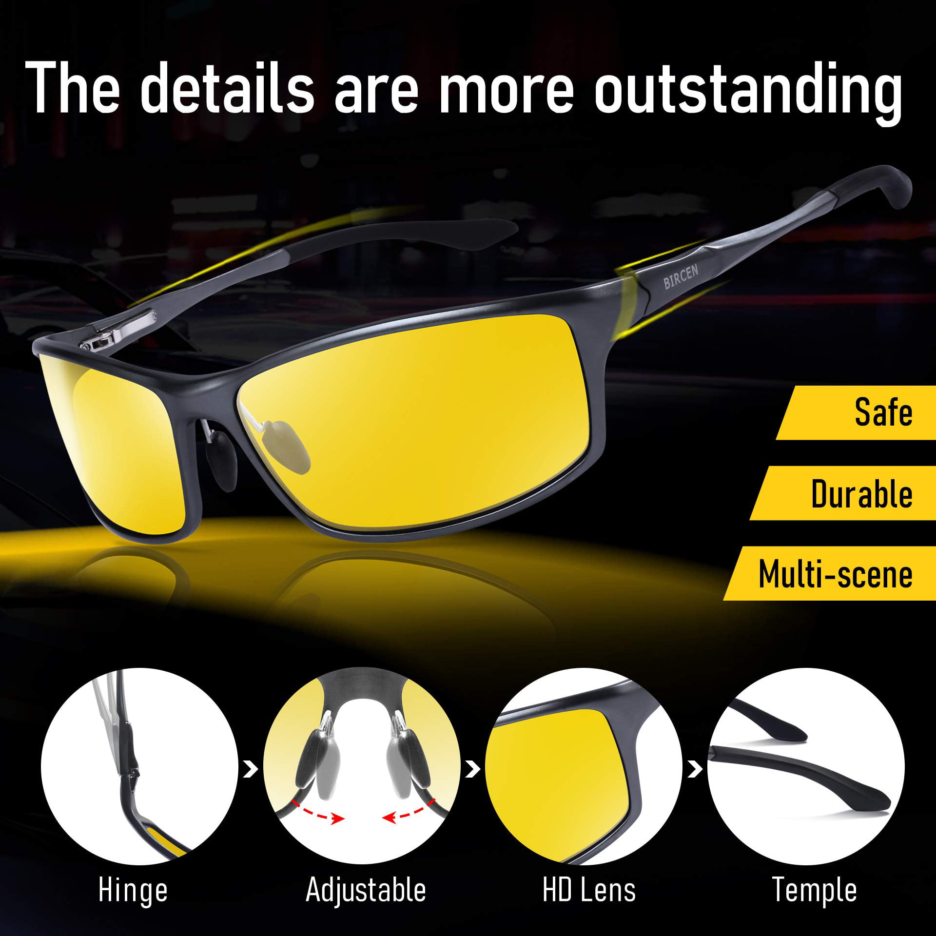 Bircen HD Night Vision Driving Anti-Glare Glasses for Men Women Al-Mg Metal Frame Rainy Safe Polarized Fashion Sun glasses 