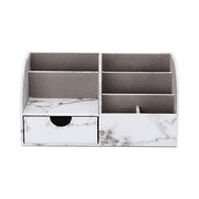 KINGFOM Desktop Drawers, PU Leather Pen Holder Desktop Organizer Office Supplies Storage Box for Pen/Mobile Phone/Remote Control Gray Marble