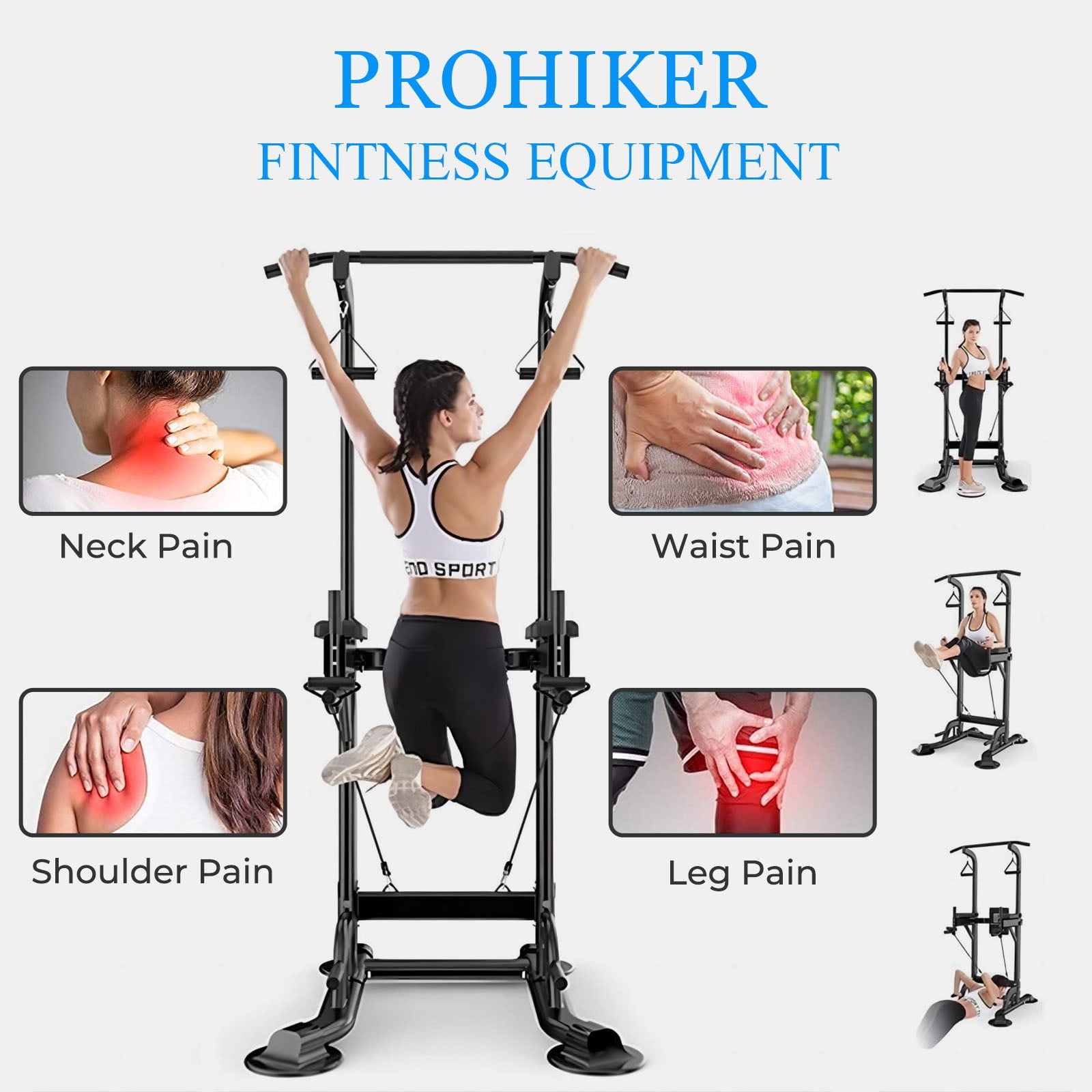 PROHIKER Power Tower Dip Station, Pull Up Bar Stand Power Rack with Backrest and Resistance Band, Height Adjustable Strength Training Equipment for Fitness Home Workout, Black