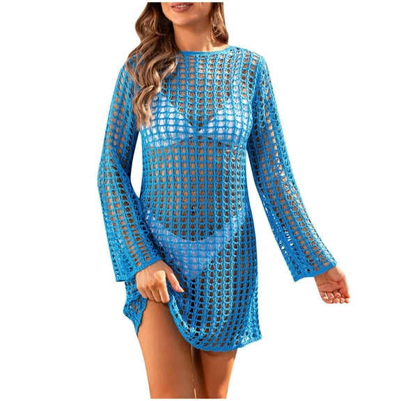 EQWLJWE Women Swimsuit Crochet Swim Cover Up Summer Bathing Suit Swimwear Knit Pullover Beach Dress Gift Blue L