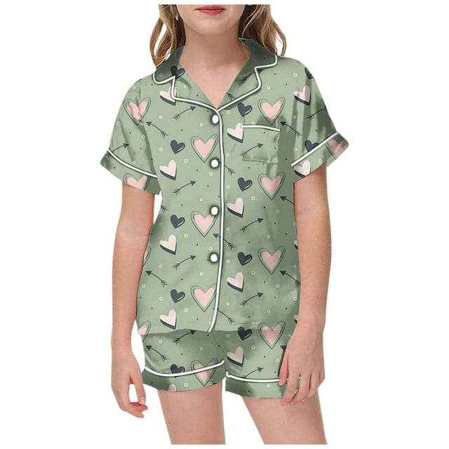WEAIXIMIUNG Pyjamas Imprimés pour Filles Saint-Valentin Manches Courtes Bouton Haut Shorts Ensemble de Pyjamas Maison 8-9 Ans