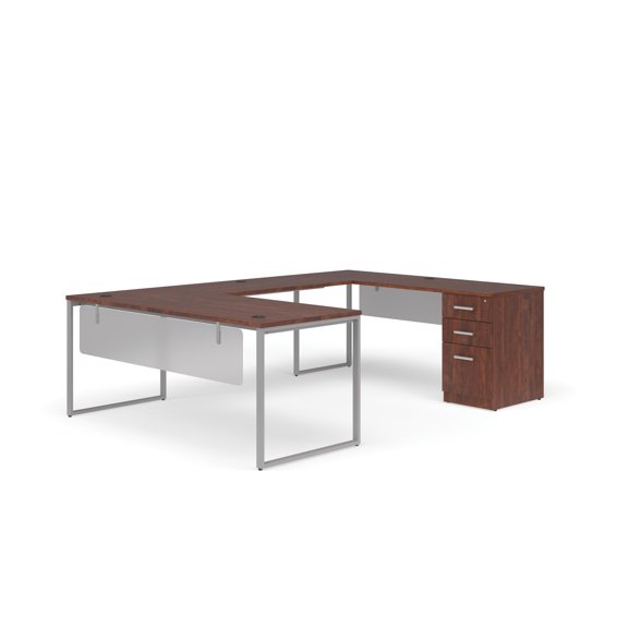OFM Fulcrum Series Office Furniture Set, 72" U-Shaped Desk with Bridge, Credenza, 3-drawer Filing Cabinet, Modesty Panels, in Cherry