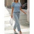thumbnail image 2 of Womens Tops Knitted Short Sleeve T-Shirt Crew Neck Ribbed Tee Dressy Work Tunic Tops (Light Blue L), 2 of 7