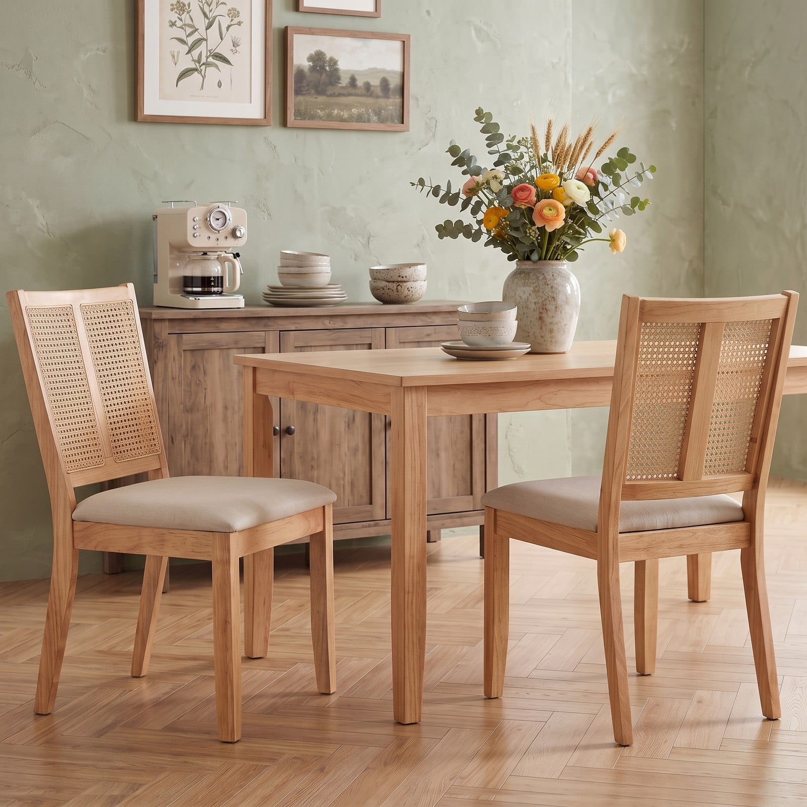 Furnibear Rattan Dining Chairs Set of 2, Upholstered Kitchen Chairs with Curved Backrest, Woven PVC Rattan Back and Padded Fabric Seat for Dining Room, Rubber, Natural