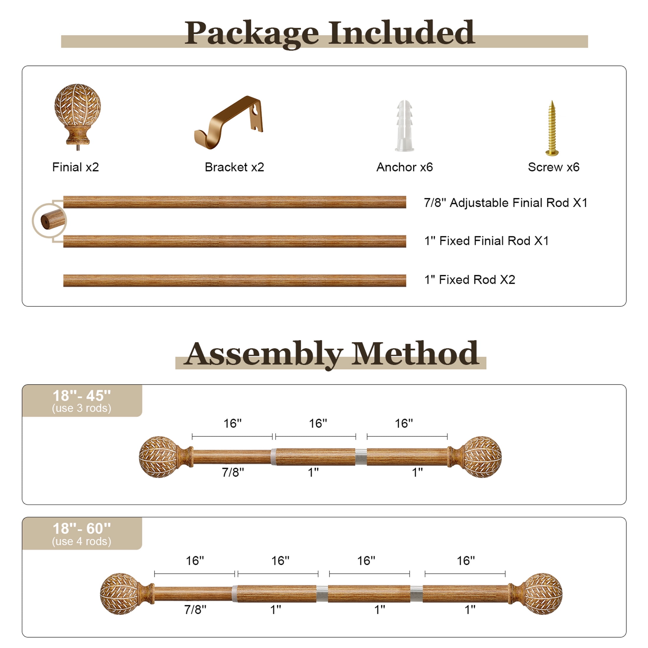 Yokila Farmhouse Brown Curtain Rods for Windows 18 to 60 Inches Adjustable Length Heavy Duty 1" Diameter Single Window Curtain Rod with Decorative Finials for Bedroom Living Room Kitchen Outdoor