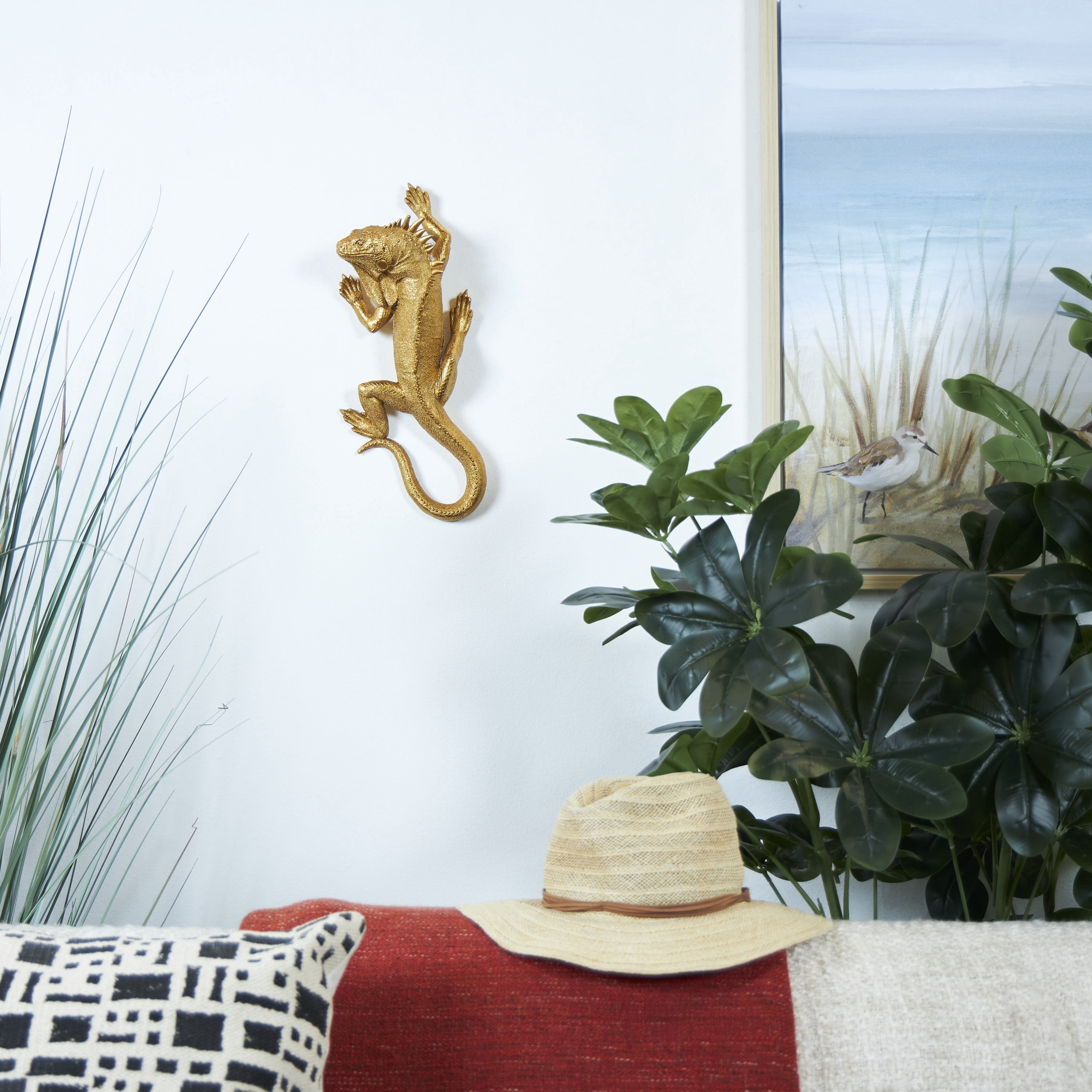 6" x 15" Gold Polystone Textured Climbing Lizard Sculpture, by DecMode
