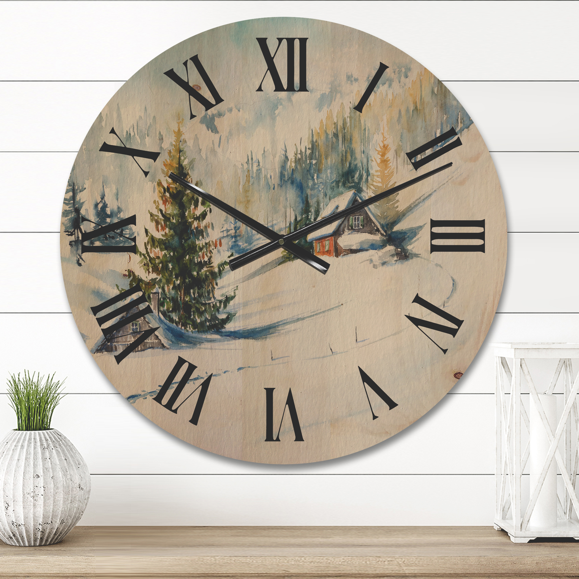 Designart 'The Winter Mountains With Little House' Traditional Wood Wall Clock