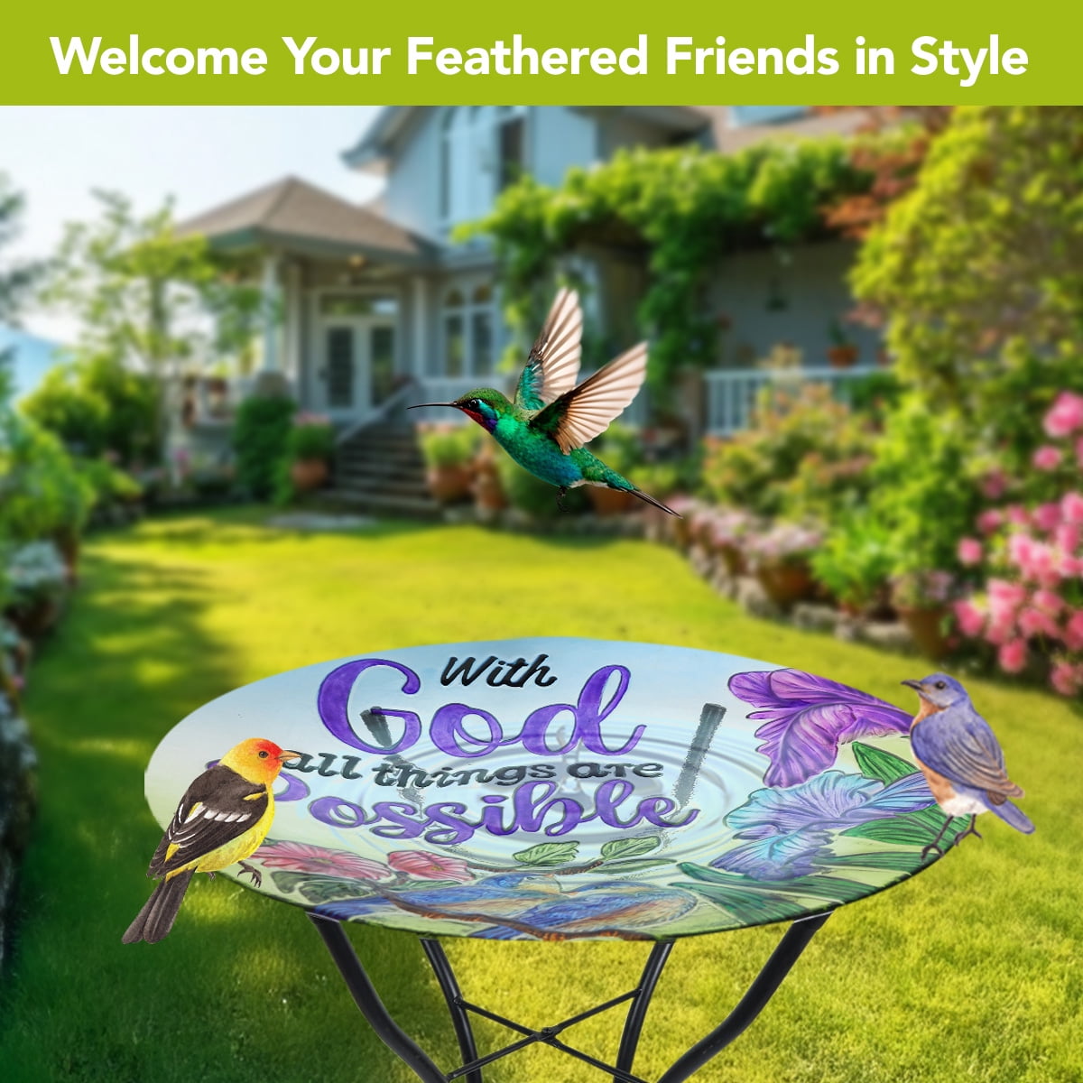 Briarwood Lane Summer Glass Birdbath Including Metal Stand Cardinals and Sunflowers For Summer Birdbath