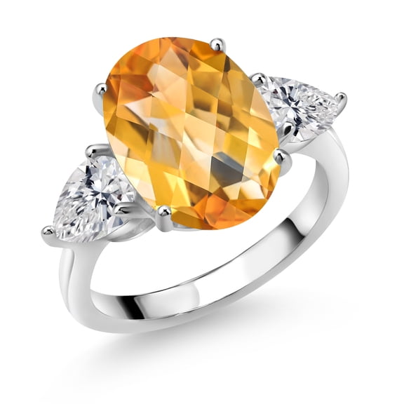 Gem Stone King 925 Sterling Silver Yellow Citrine and Lab Grown Diamond Engagement Ring for Women | 6.77 Cttw | Oval Checkerboard 14X10MM | Gemstone November Birthstone | Size 8