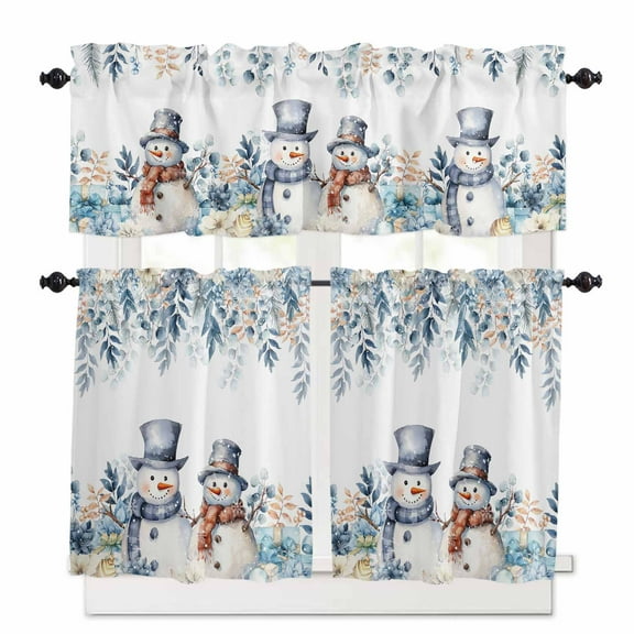 Christmas Snowman Kitchen Curtains and Valances Set, Blue Floral Eucalyptus Leaves Winter Rod Pocket Window Valance 18 Inch Window Curtain Panels for Living Room Bedroom Laundry, 27.5x36in, 3 Pieces