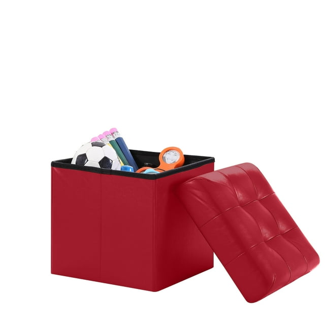 Foldable Furniture Box Storage Tufted Leather Ottoman Foot Rest (Small, Burgundy)