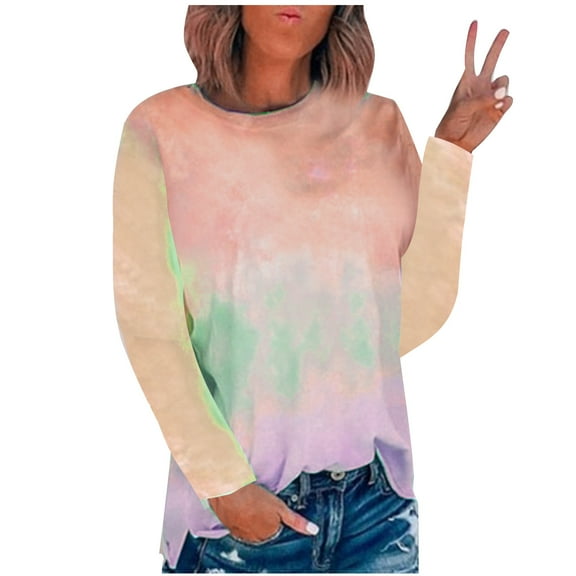 Savings Women's Winter Long Sleeve Tops Crew Neck Tie-Dye Pullover Casual Loose-Fit T-Shirts Blouse