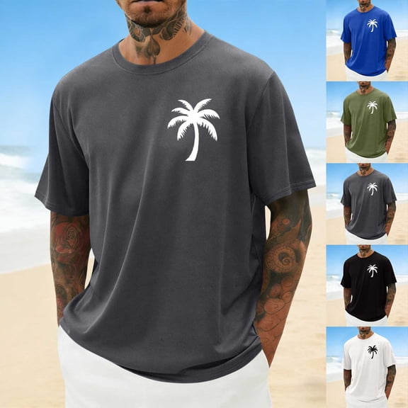 Fengqque Men's Summer T Shirts Short Sleeve Coconut Tree Print Breathable Mesh T Shirts Crew Neck Tee Tops White-D XL(XL)