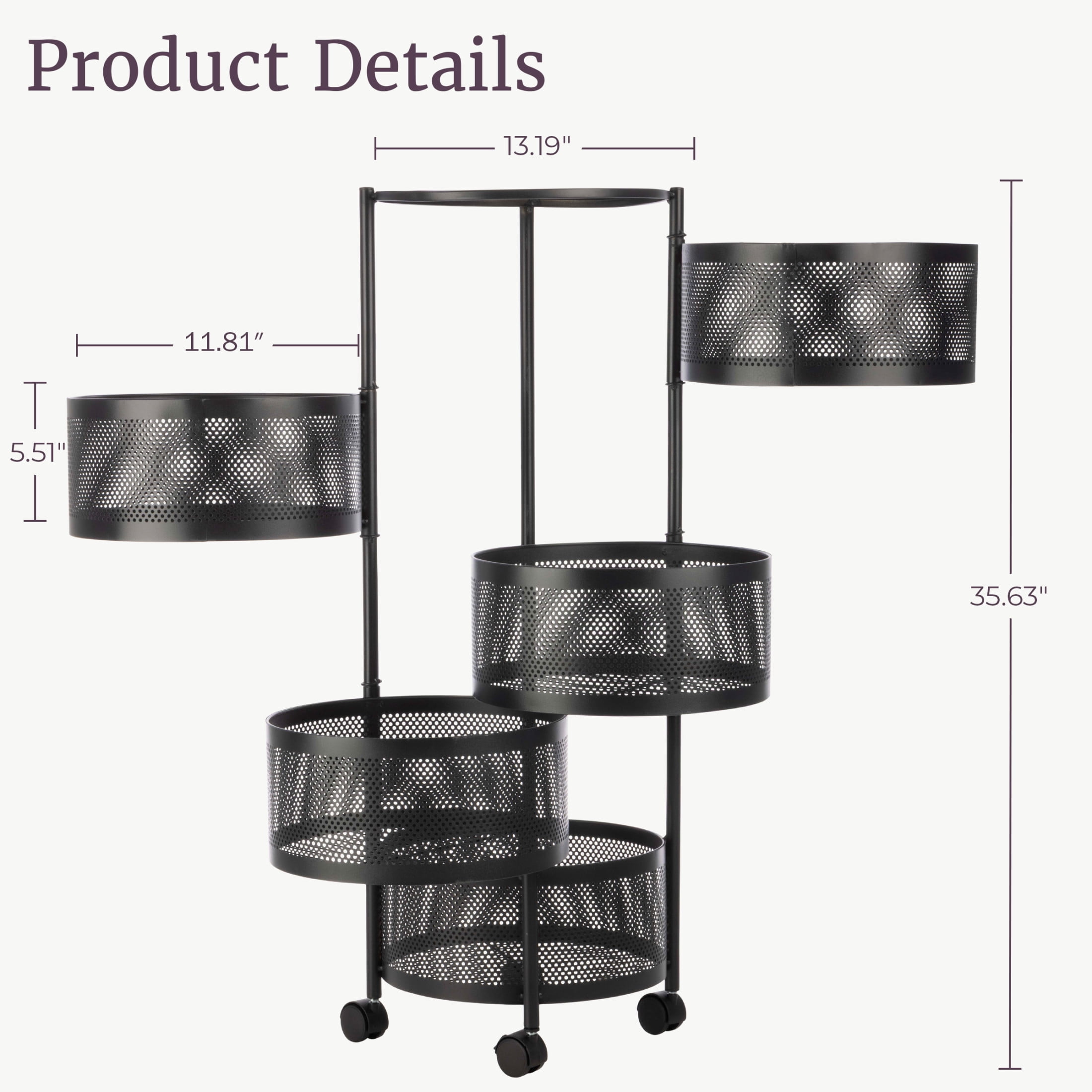 Home-Complete 5 Tier Kitchen Storage Rolling Cart with Wheels (Black)
