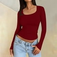 thumbnail image 2 of TQWQT Women Red Long Sleeve Shirt Fall Trendy Women Tops Slim Fit Shirt Y2k Square Neck T Shirt Crop Tops Teen Girls Winter Clothes S, 2 of 6
