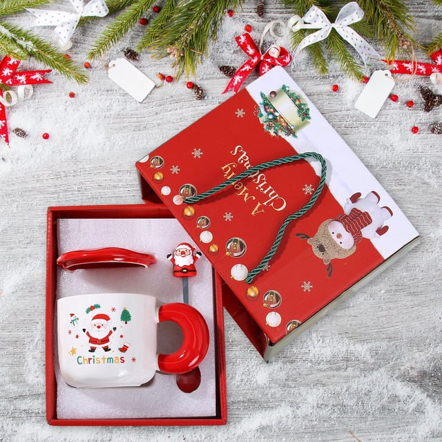 Juego de tazas de cerámica navideñas con tapa, cuchara, taza de leche de Papá Noel, caja de regalo de Navidad, taza de agua para decoración de Papá Noel rojo