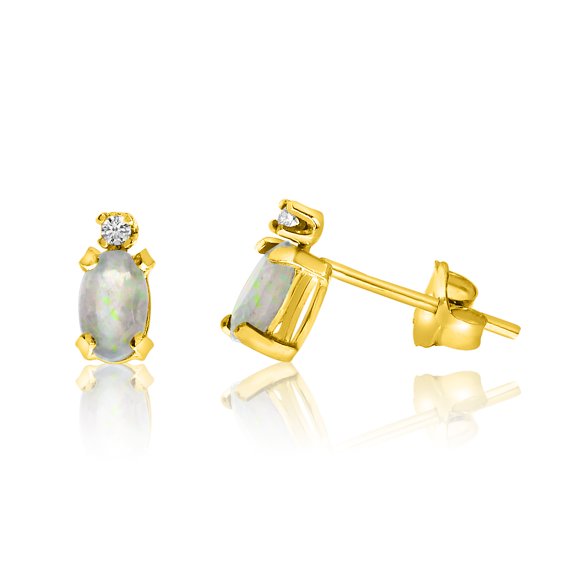 14K Yellow Gold Oval Opal and Diamond Earrings