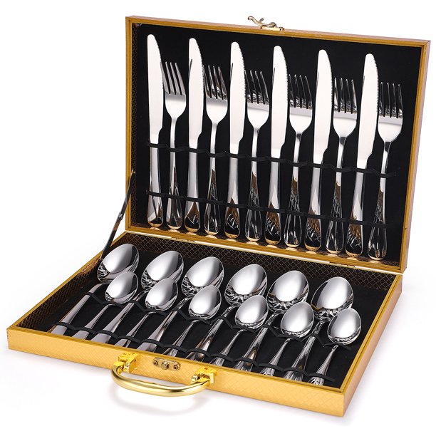 Juego de vajilla de acero inoxidable 1010 Cuchillo, tenedor y cuchara Caja de madera Juego de 12 piezas Juego de 16 piezas Juego de 24 piezas Juego de 36 piezas