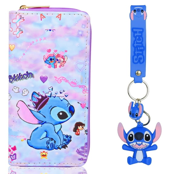 Pink Stitch Wallet Keychain Two Pieces Long Wallet Cute Fashion Funny Pattern, Zipper Wallet