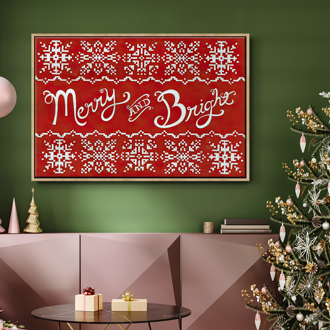 Fair Isle Snowflake I - Framed Gallery Wrapped Holiday Canvas - 27 x 41 - Natural Wood Frame