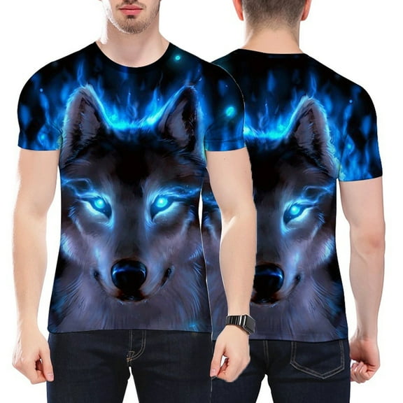 AYYUFE Unisex Vivid 3D Wolf Printed Short Sleeve T-shirt Round Neck Plus Size Tee Top - Black - M