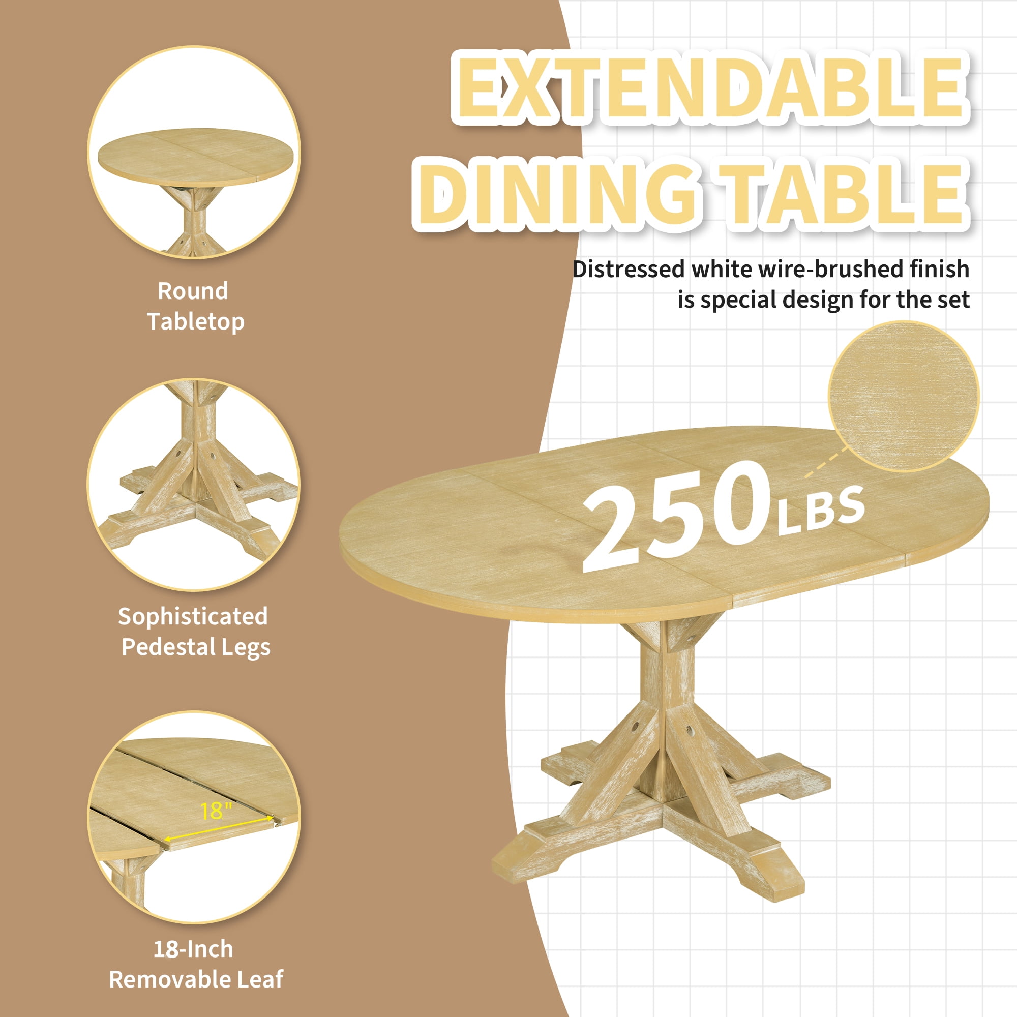 6-Piece Dining Table Set for 6, 60" Extendable Dining Table with 18" Removable Leaf, Bench and 4 Chairs